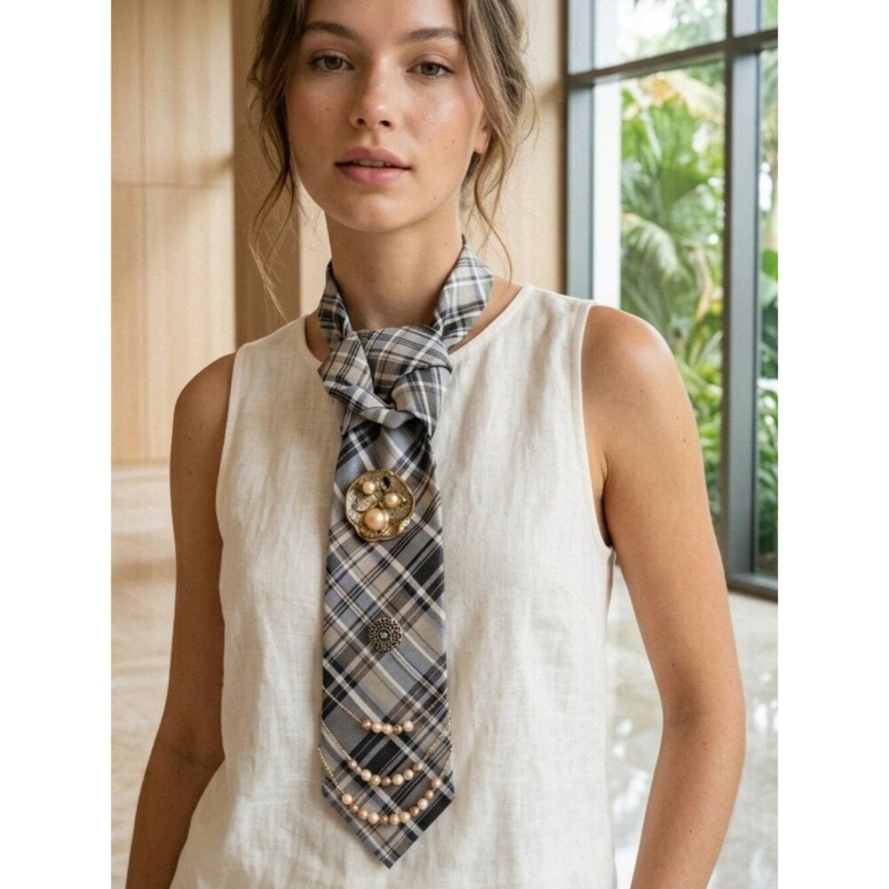 NWT Chaps Silk Blue Plaid Statement Tie Necklace With Faux Pearl Accents
